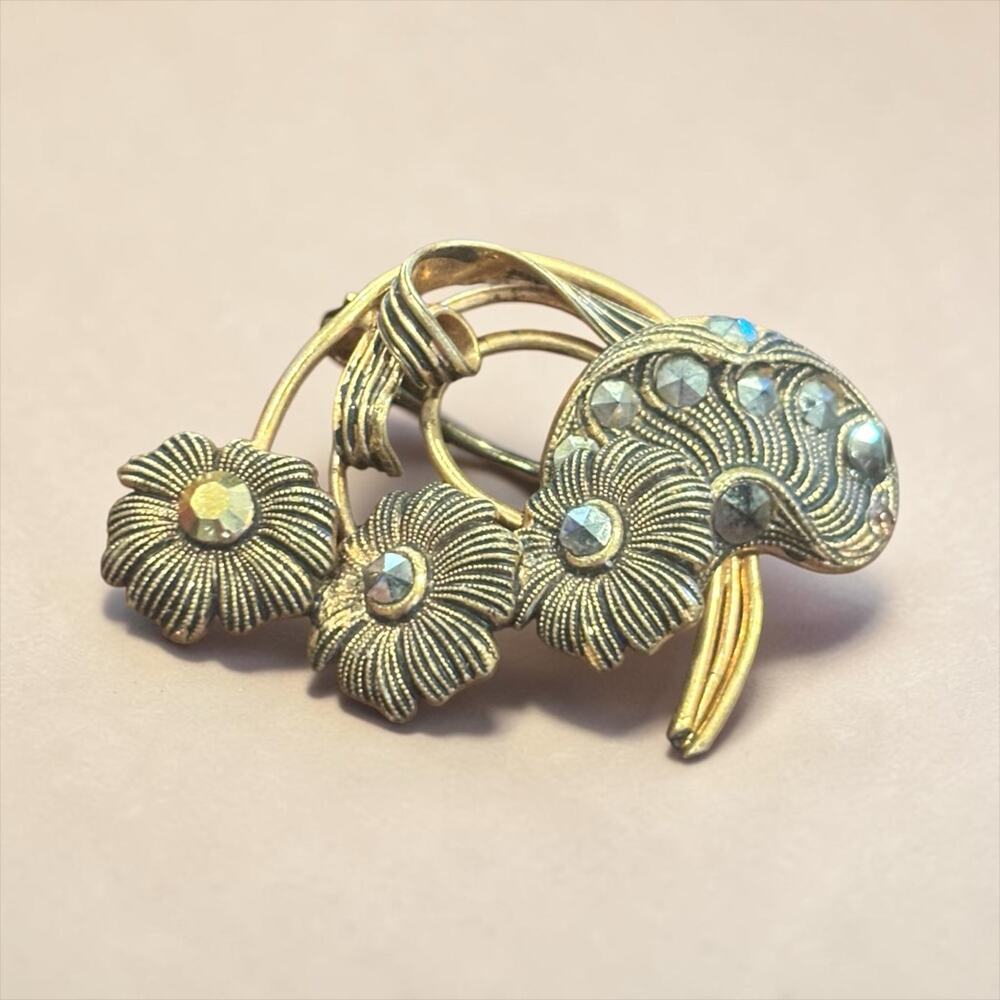 Art Deco Floral Brooch C Clasp Marcasite Rhinestone GoldTone Flower Pin 1930/40s